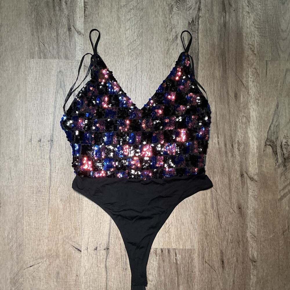 Forever‎ 21 Bodysuit Sequin Black Multi Colored Women's M NYE Festive NWT